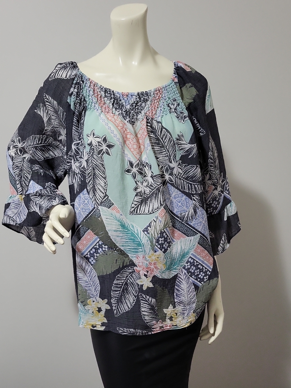 Bohemian Style Tropical Leaf Peasant Blouse Size XL